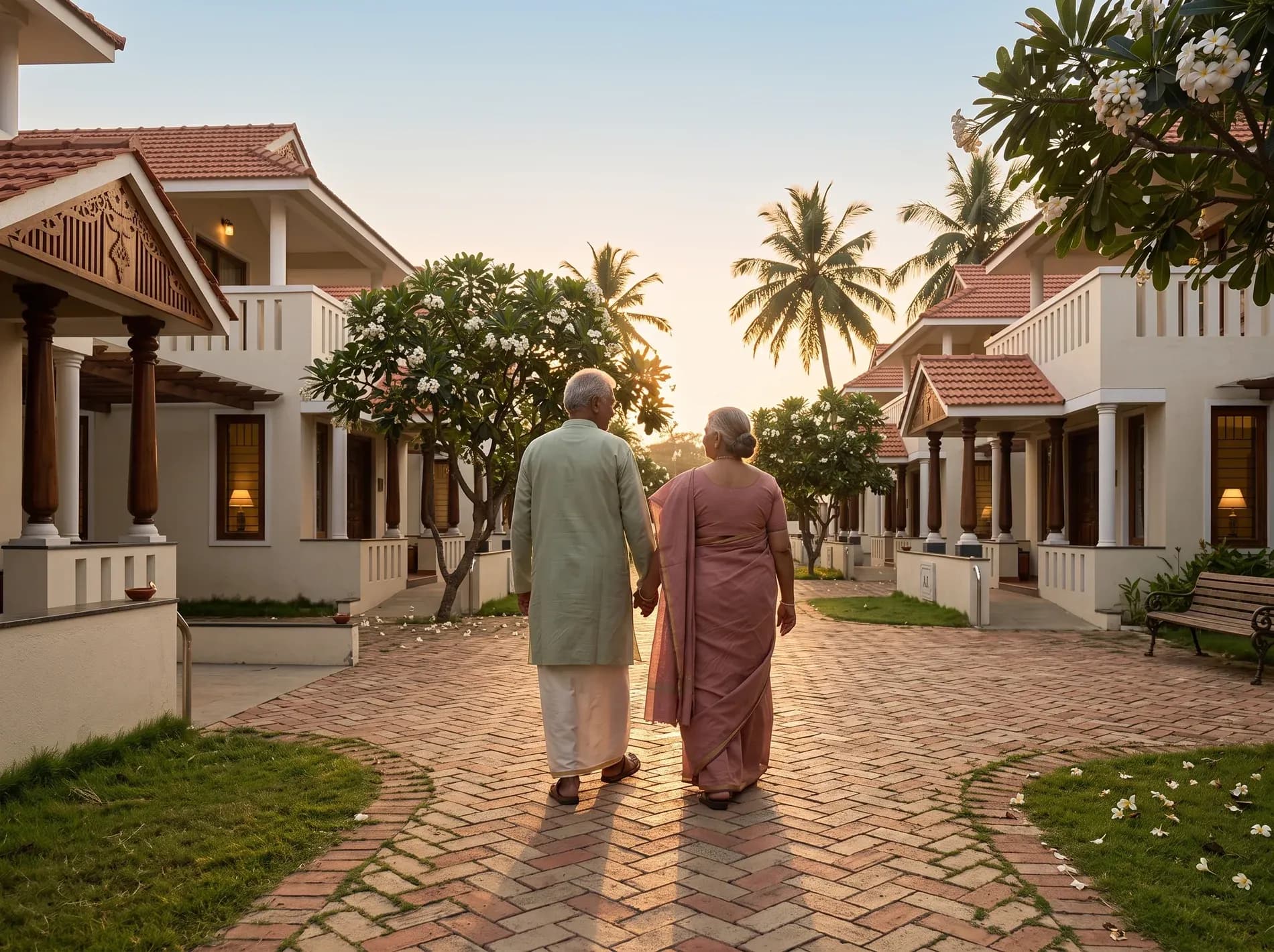 Residents walking together along a landscaped path