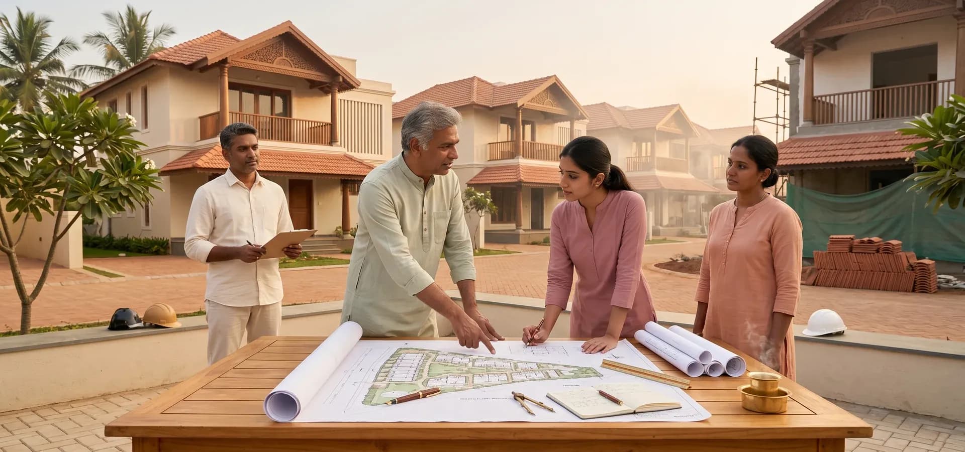 The Golden Planet team reviewing masterplan drawings on site at dawn