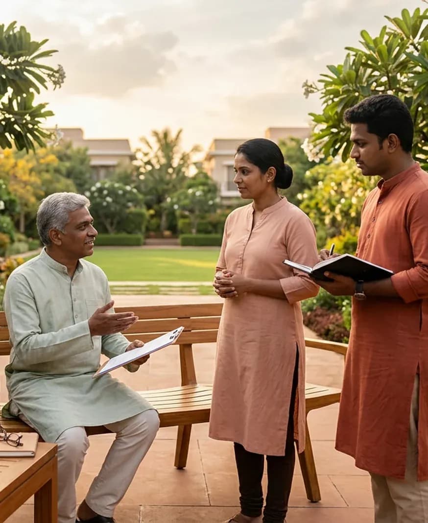 Two Golden Planet colleagues talking with a resident in the gardens
