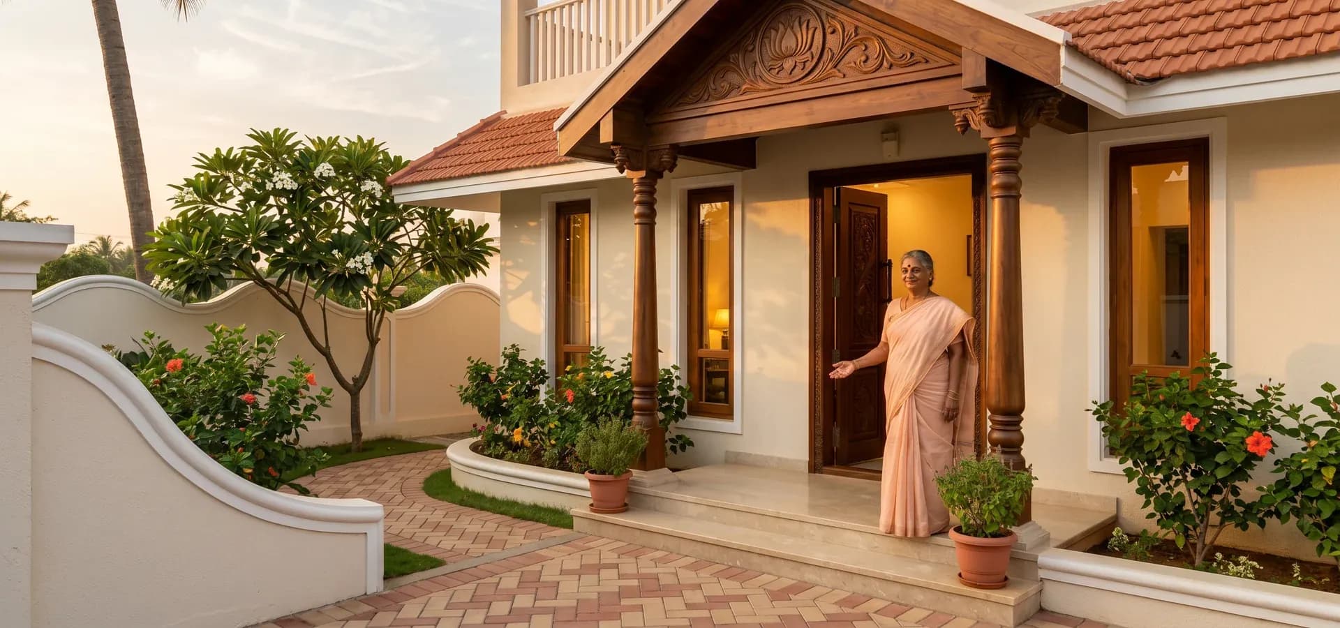 A resident welcoming a visitor at the door of her Golden Planet villa at dusk