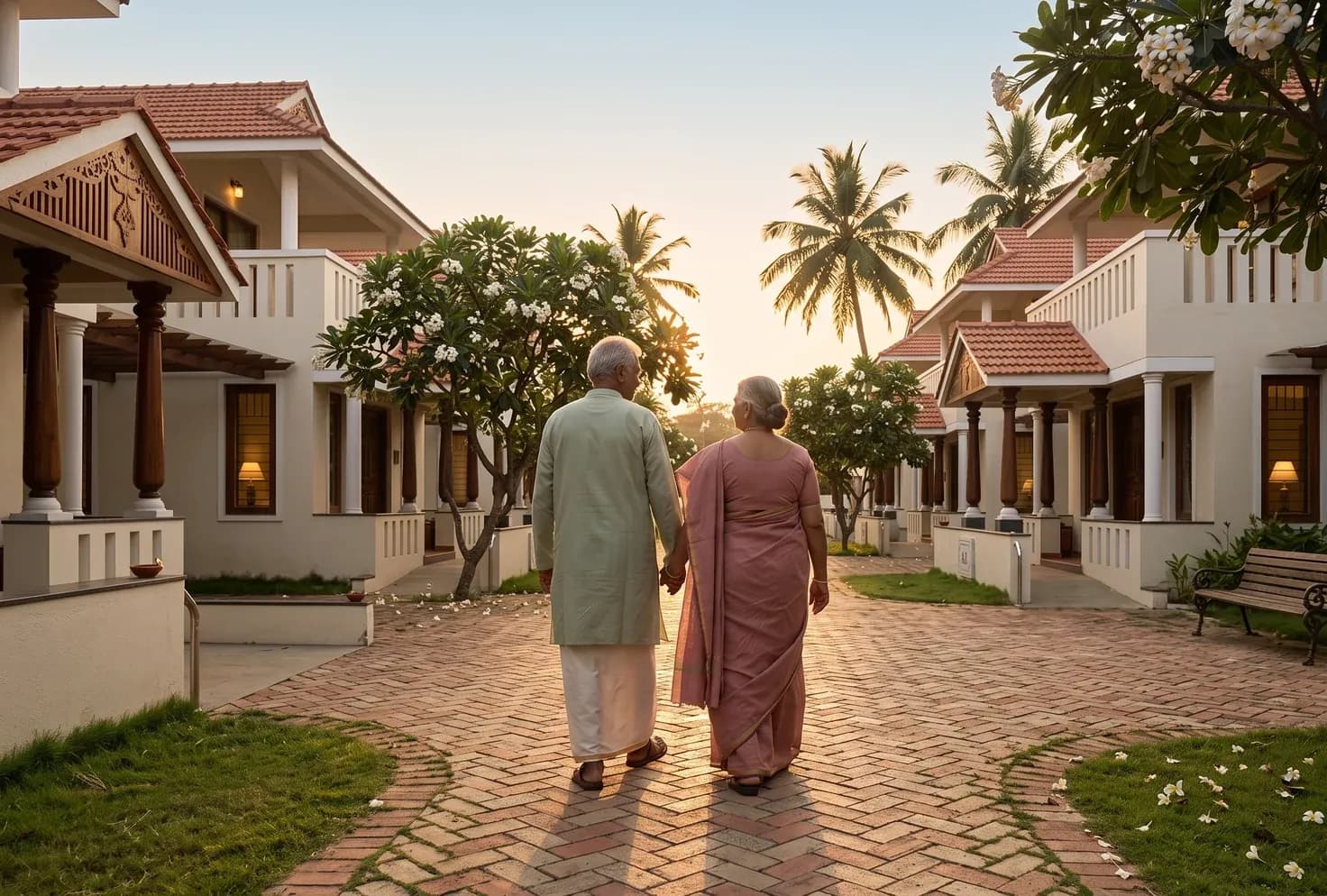 A resident couple walking home along the villa street at sunset
