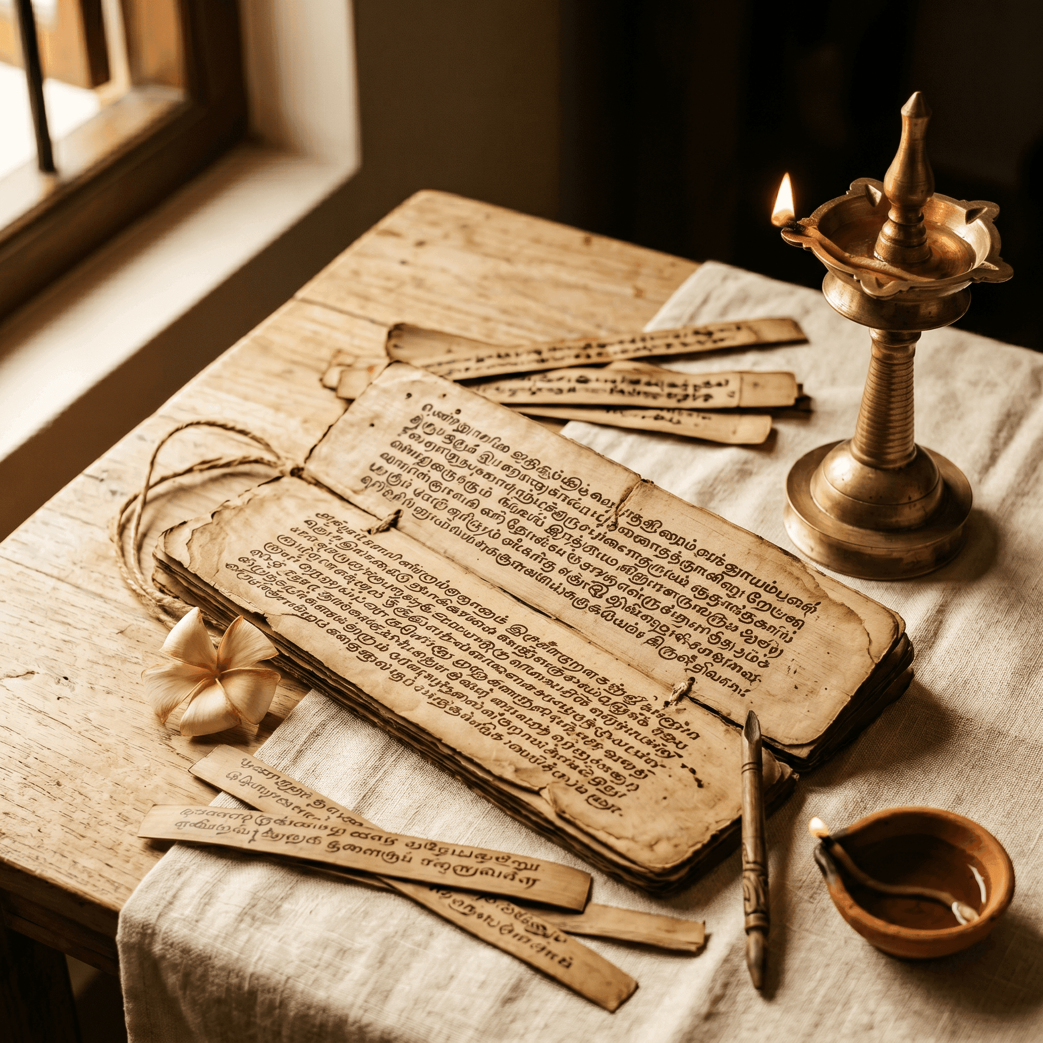 Palm-leaf manuscripts and a brass oil lamp on a wooden table