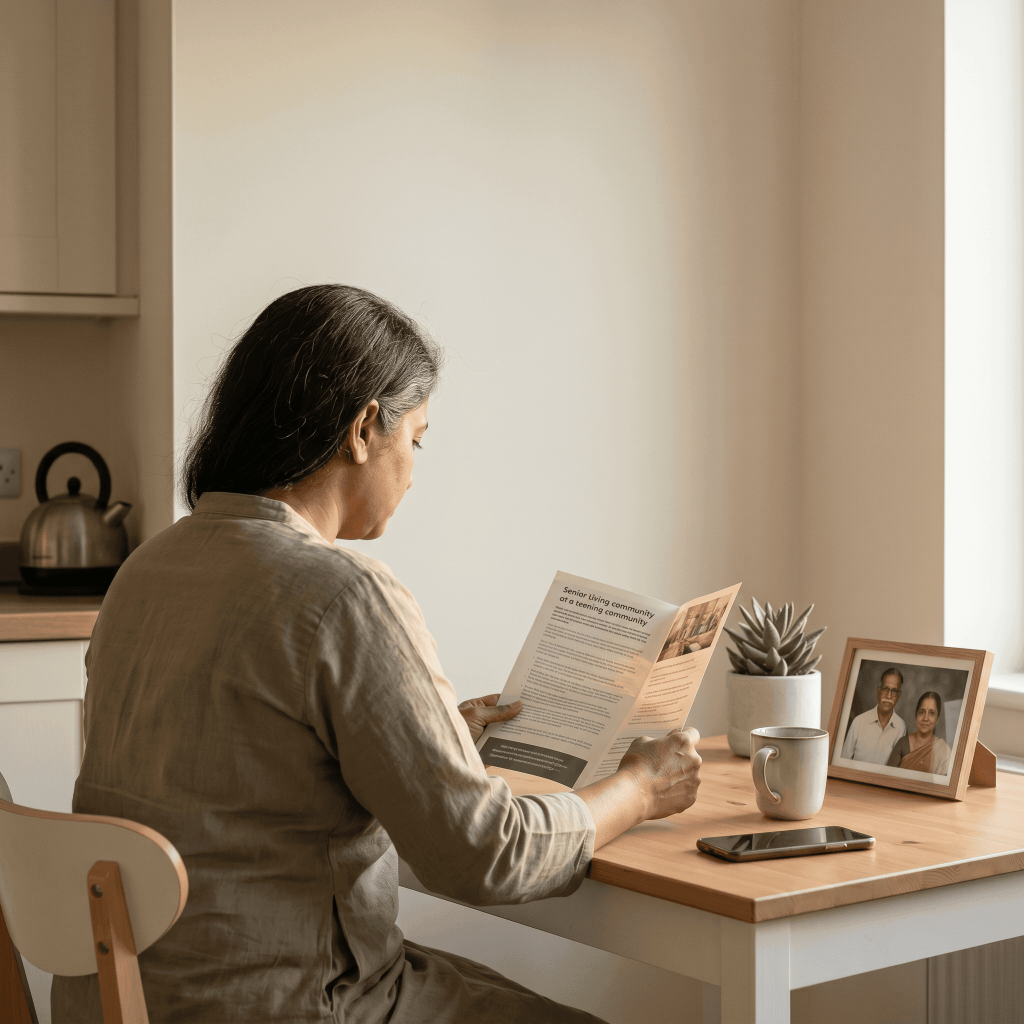 A woman reading a brochure at a sunlit kitchen table