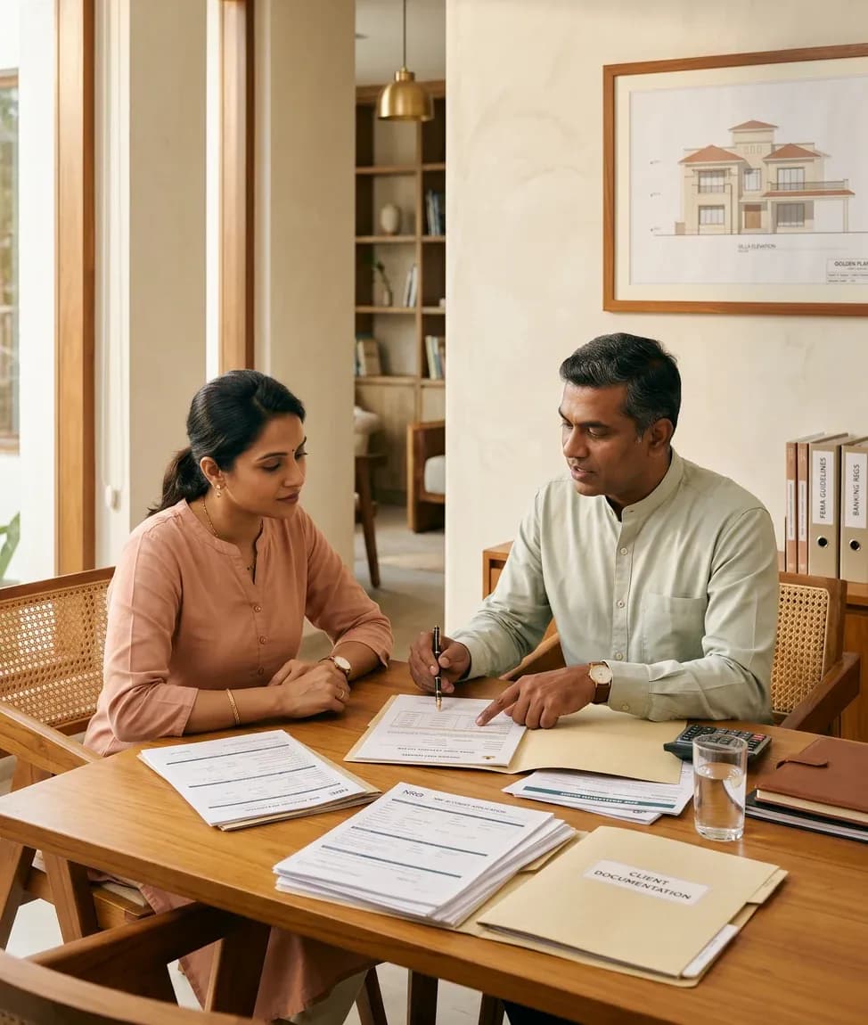 A couple reviewing financing paperwork with a Golden Planet adviser