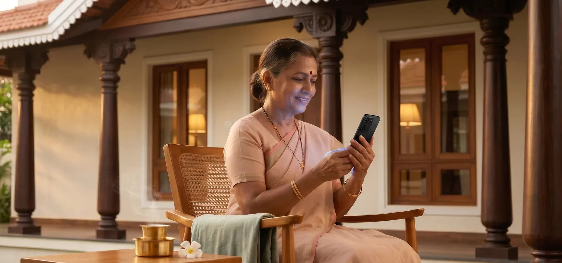 A resident on her verandah at dusk, on a video call with family abroad