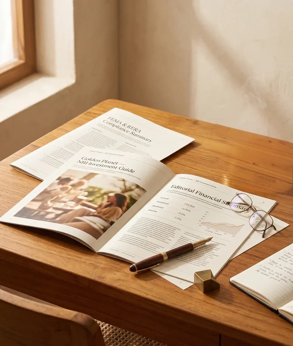 The Golden Planet NRI investment guide open on a desk beside reading glasses