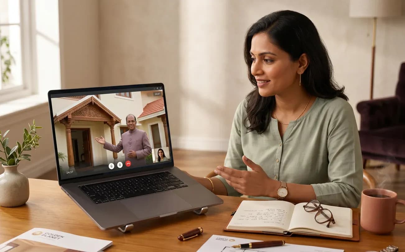 A prospective buyer on a video site walk with a Golden Planet founder