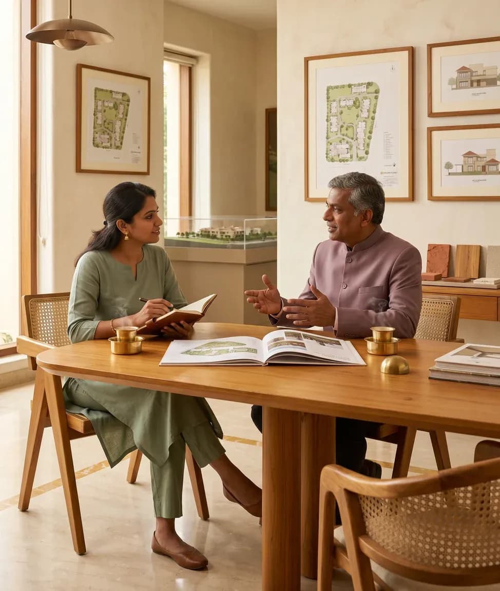 A channel partner reviewing Golden Planet plans with a client across a table