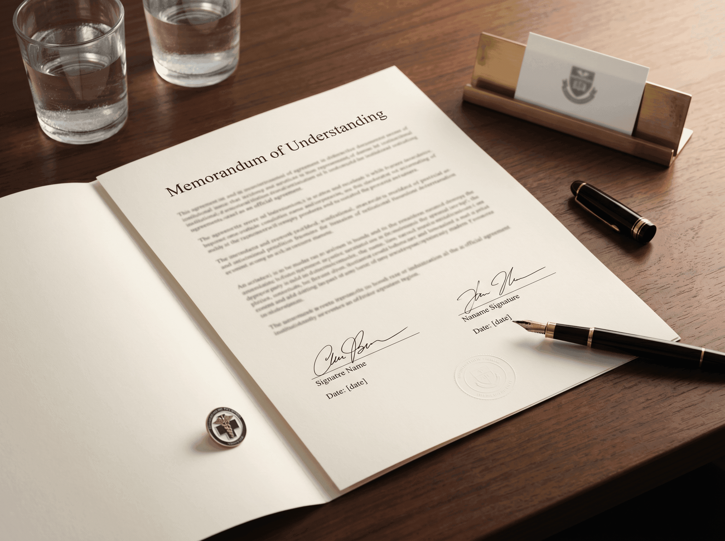 A signed memorandum of understanding on a desk with a fountain pen