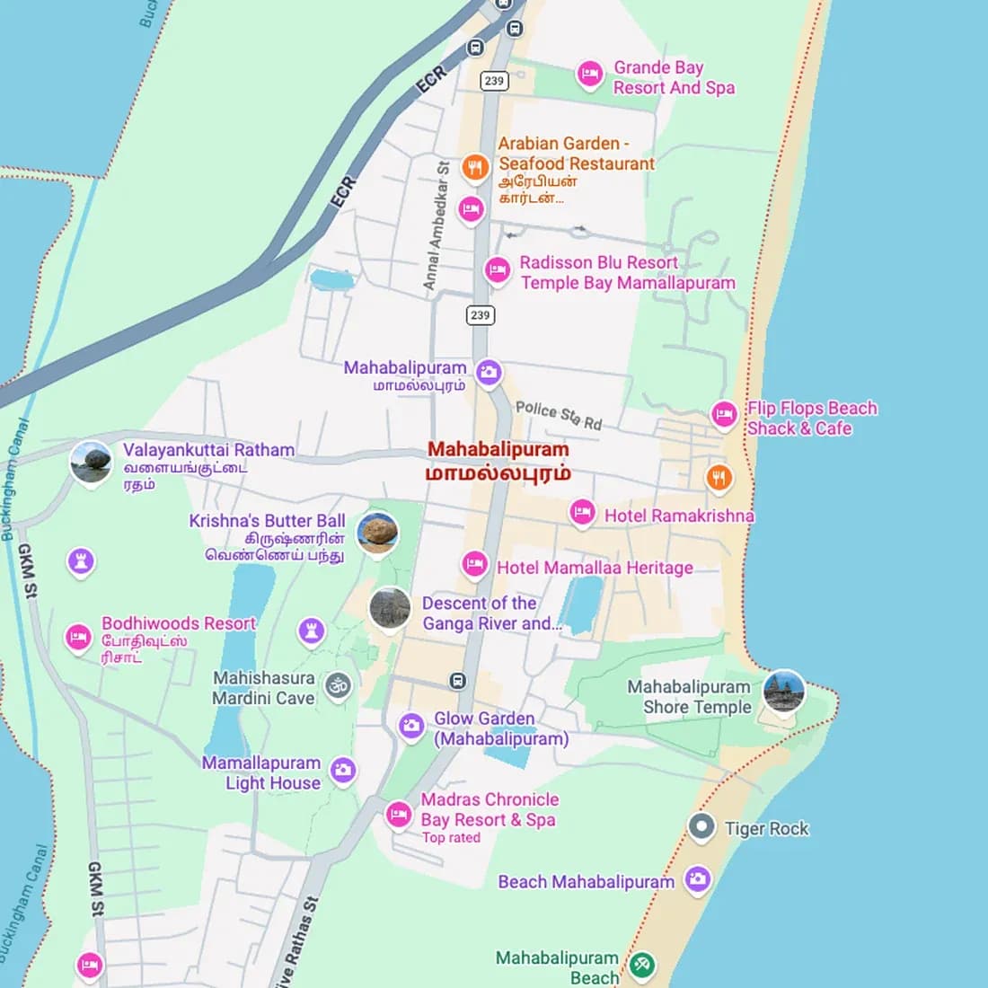 Map of Mahabalipuram and the East Coast Road around Golden Planet