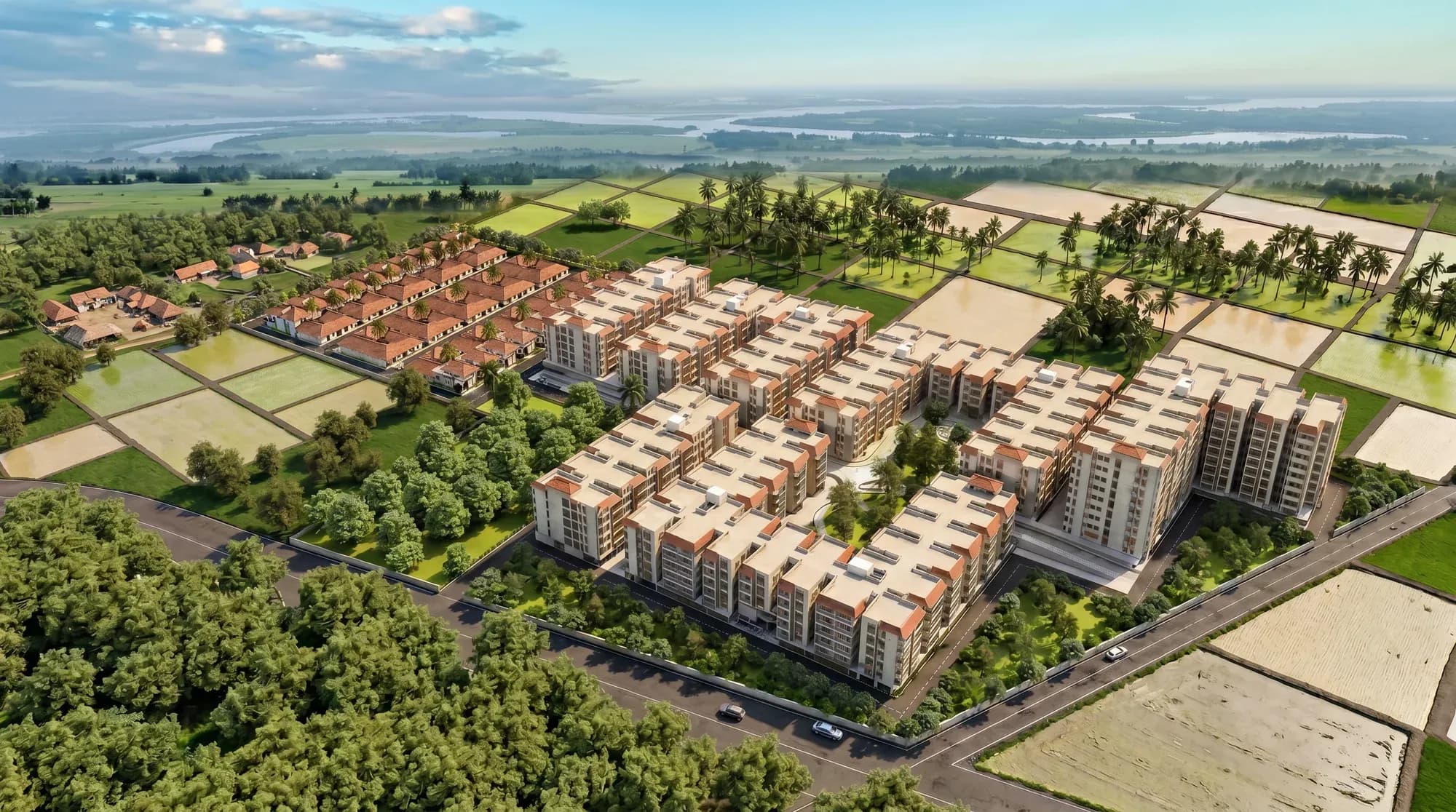 Aerial render of the Golden Planet masterplan
