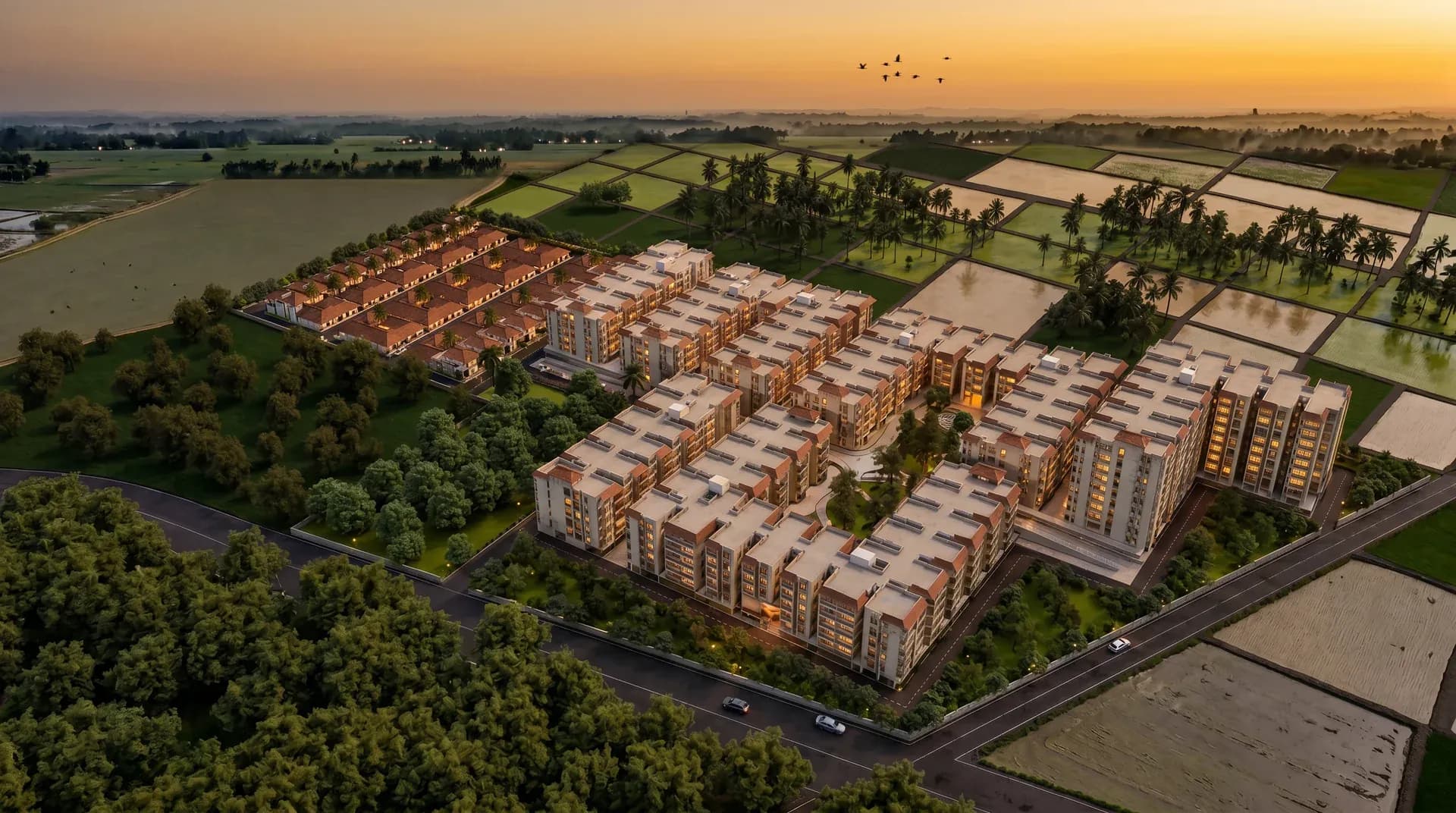 The Golden Planet community at dusk, seen from the approach road